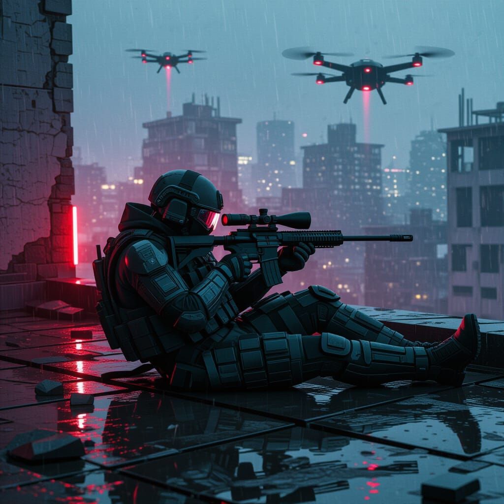 Cyberpunk Sniper on Shattered Rooftop