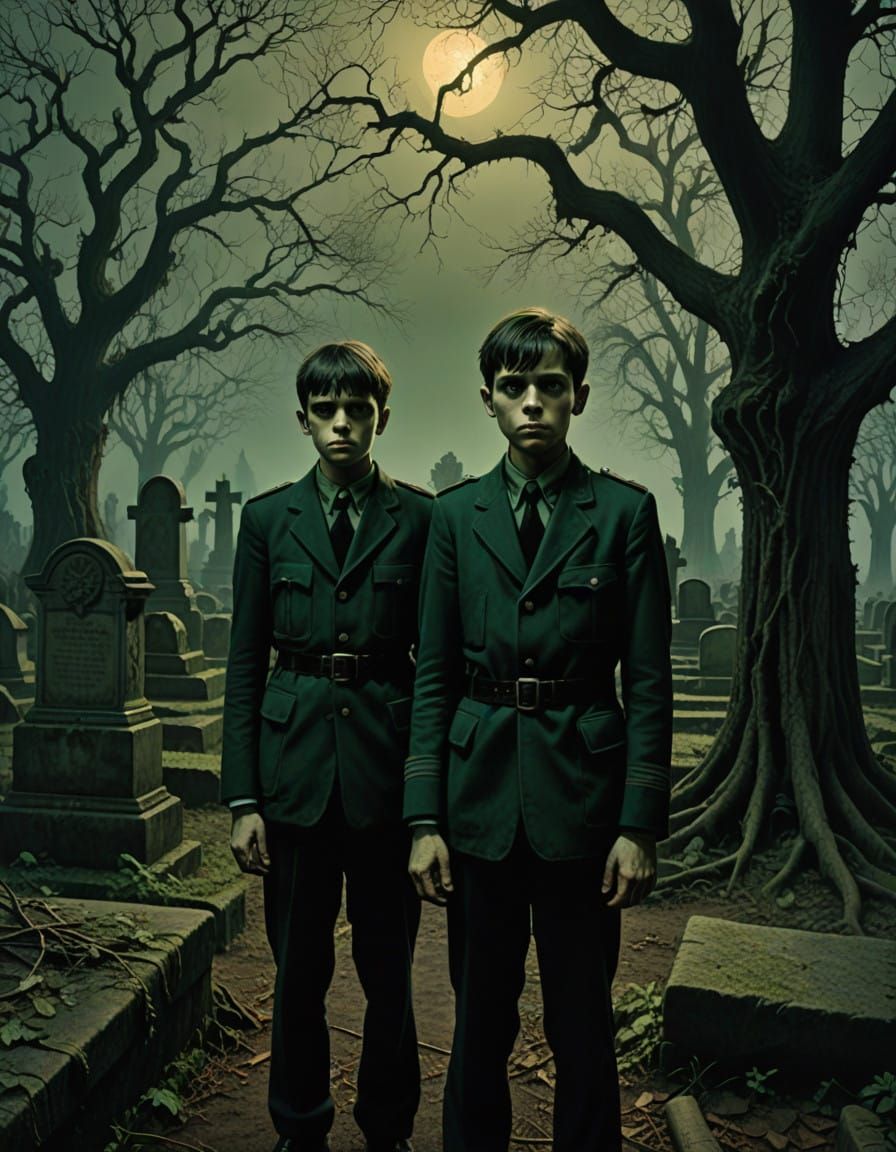 Mysterious Graveyard Encounter in Dark, Surreal Style