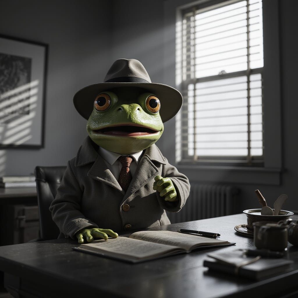 Surprised Frog Detective in Film Noir 3D Render