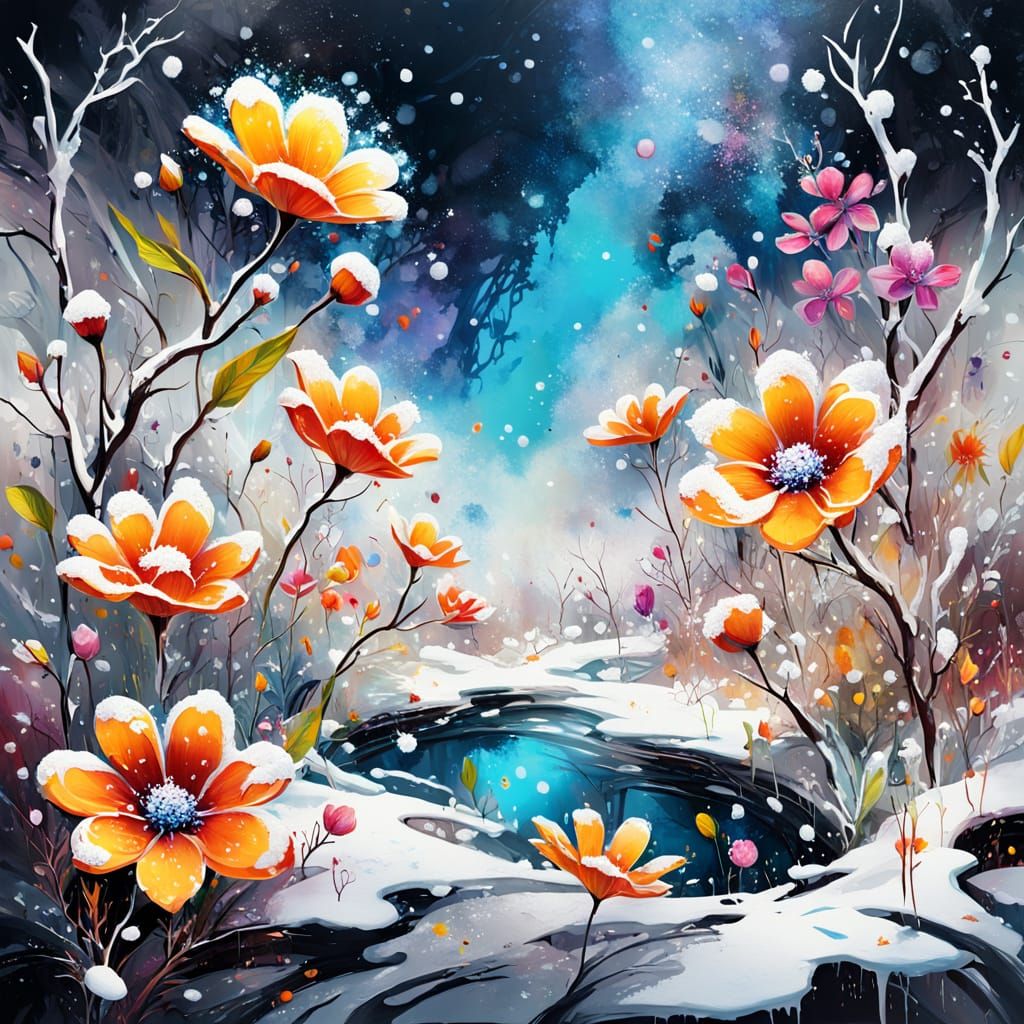 Transparent Flowers Bloom in Snowy Crater, Graffiti Art