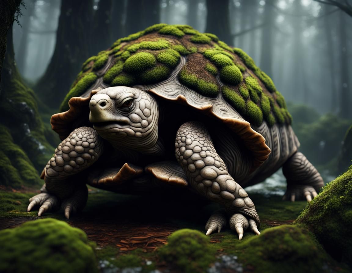 Mystical Tortoise in Overgrown Forest, Hyperrealistic