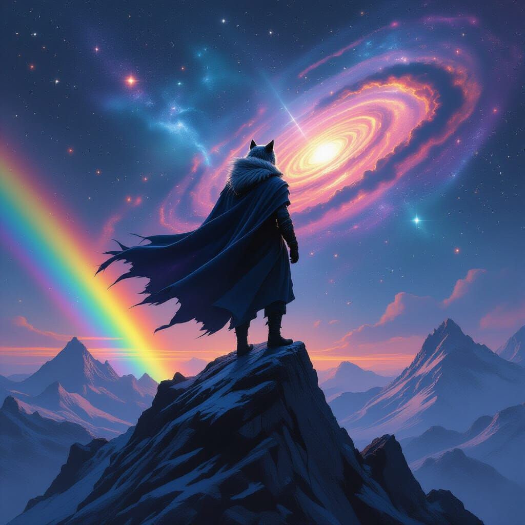 Cosmic Wolf on Mountain Peak in Dystopian Style