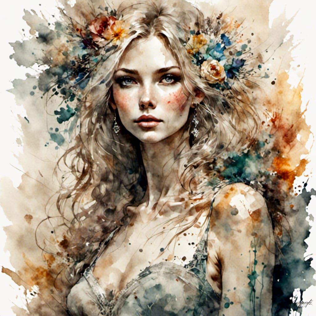 Antique Watercolor Portrait with Gritty Grunge Textures