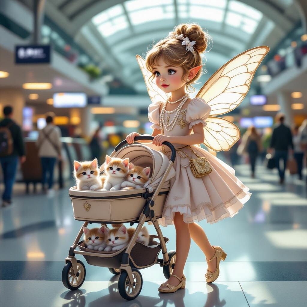 Elegant Fairy Girl with Kitten Stroller: Photorealistic Art