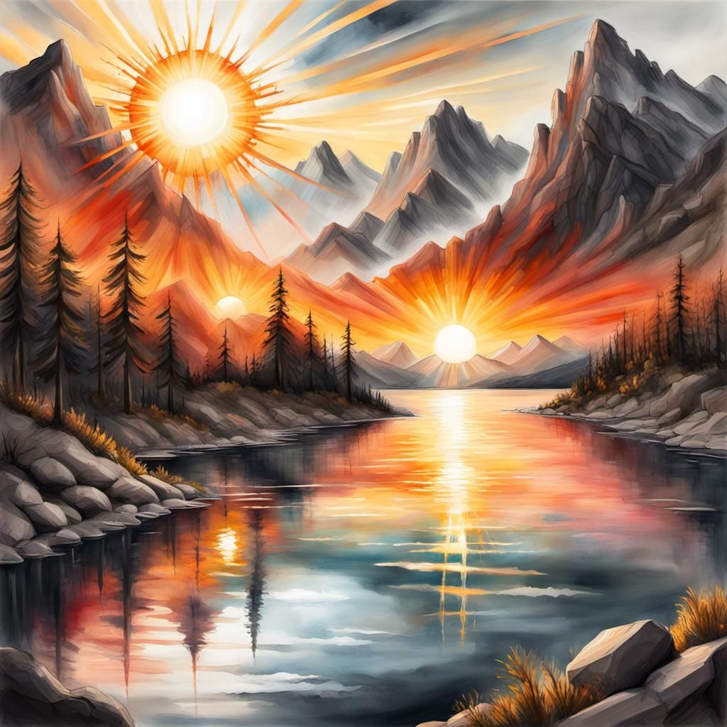 Glitching Sun Over Serene Landscape, Splash Art
