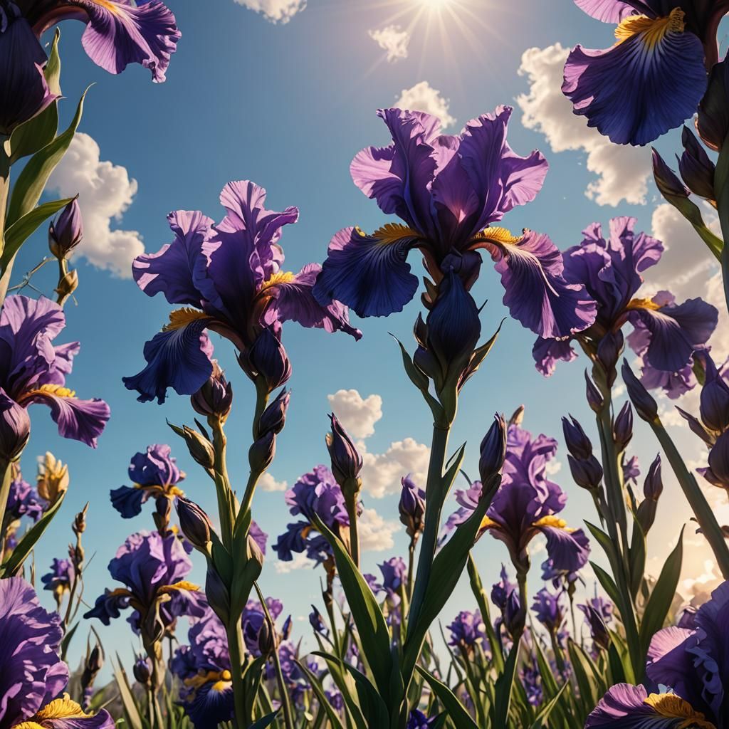 Purple Bearded Iris Against Blue Sky: Fantasy Art