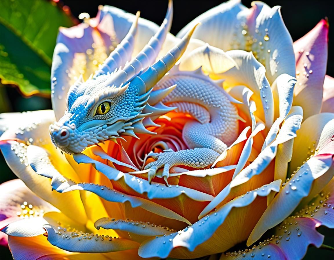Tiny White Dragon Sleeping in Rose, Macro Photography