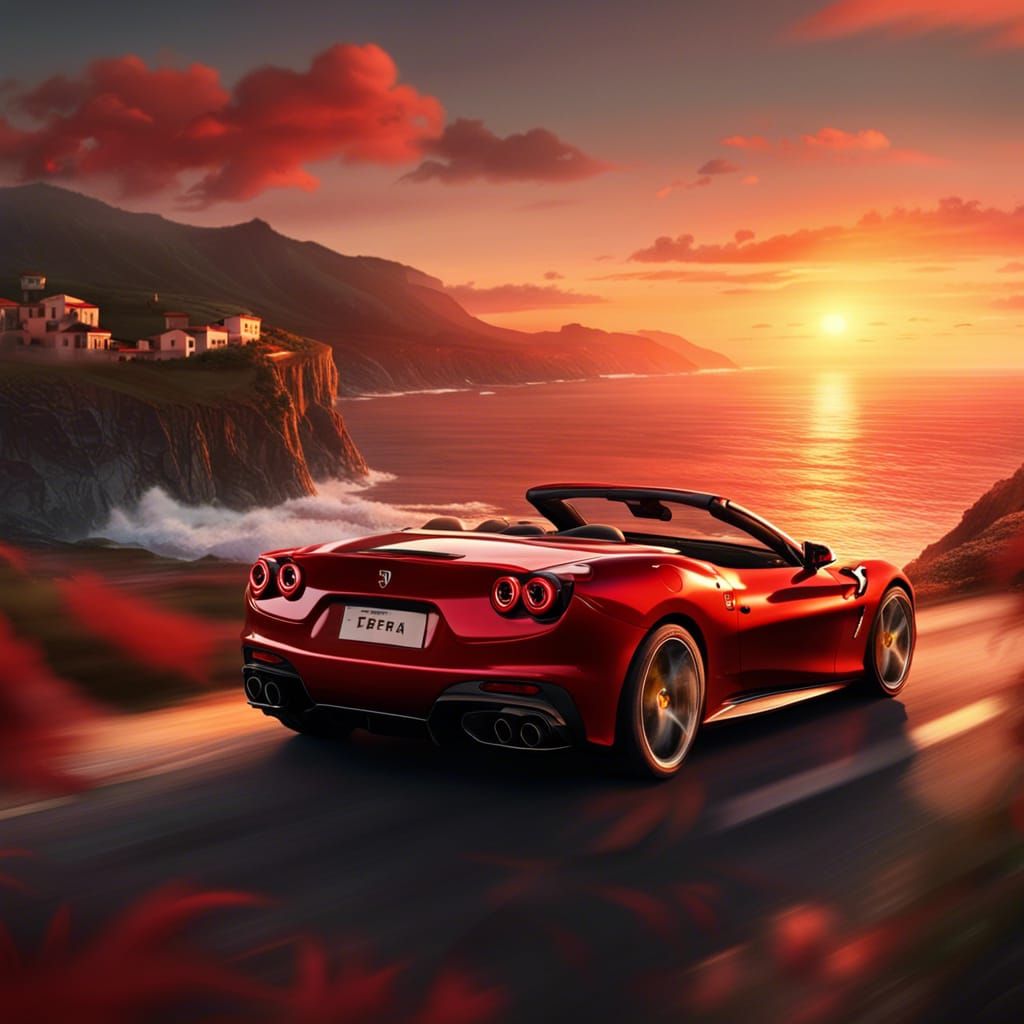 Red Ferrari Cabriolet Drives Coastal Road at Sunset