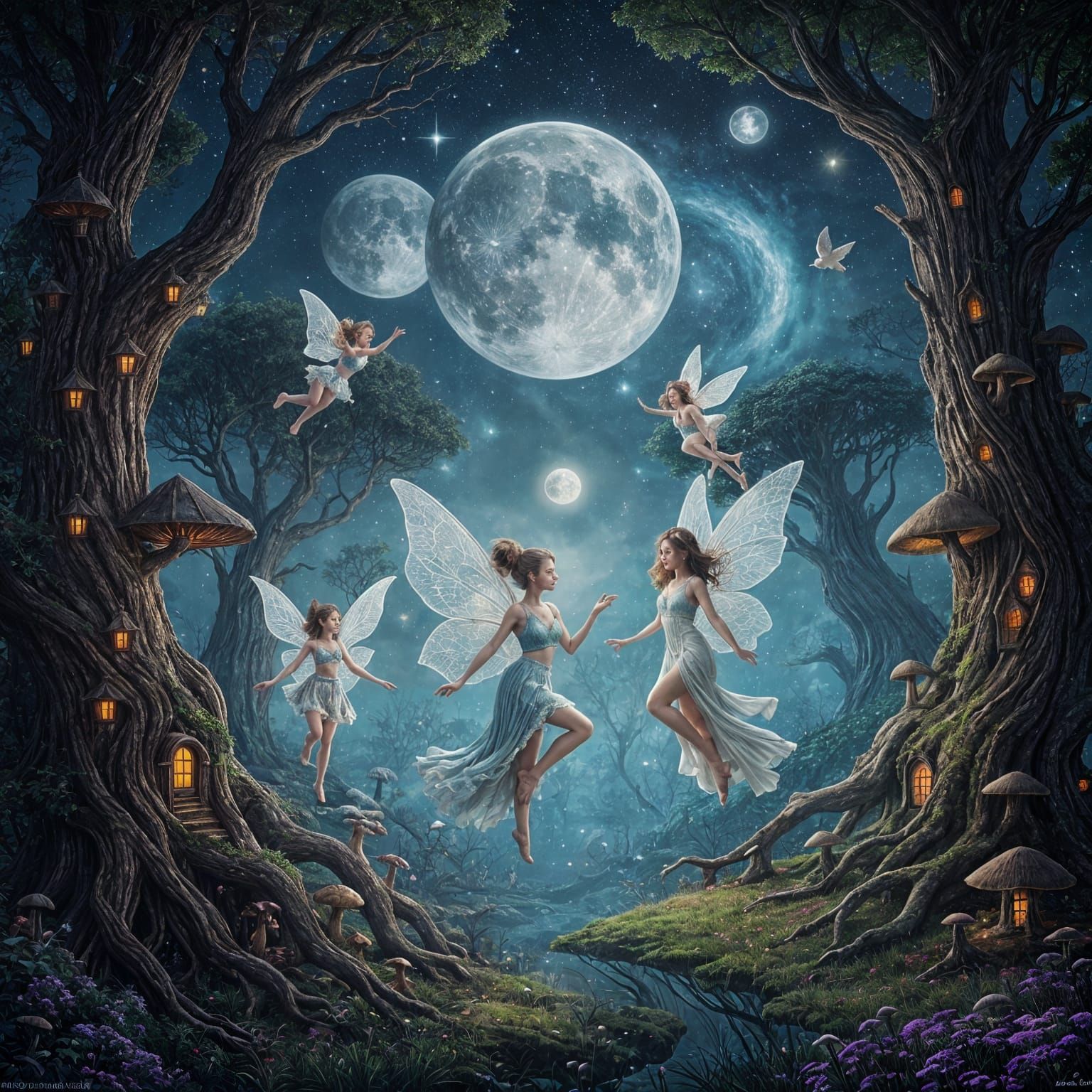 Fairies Dancing Under Twin Moonlit Sky