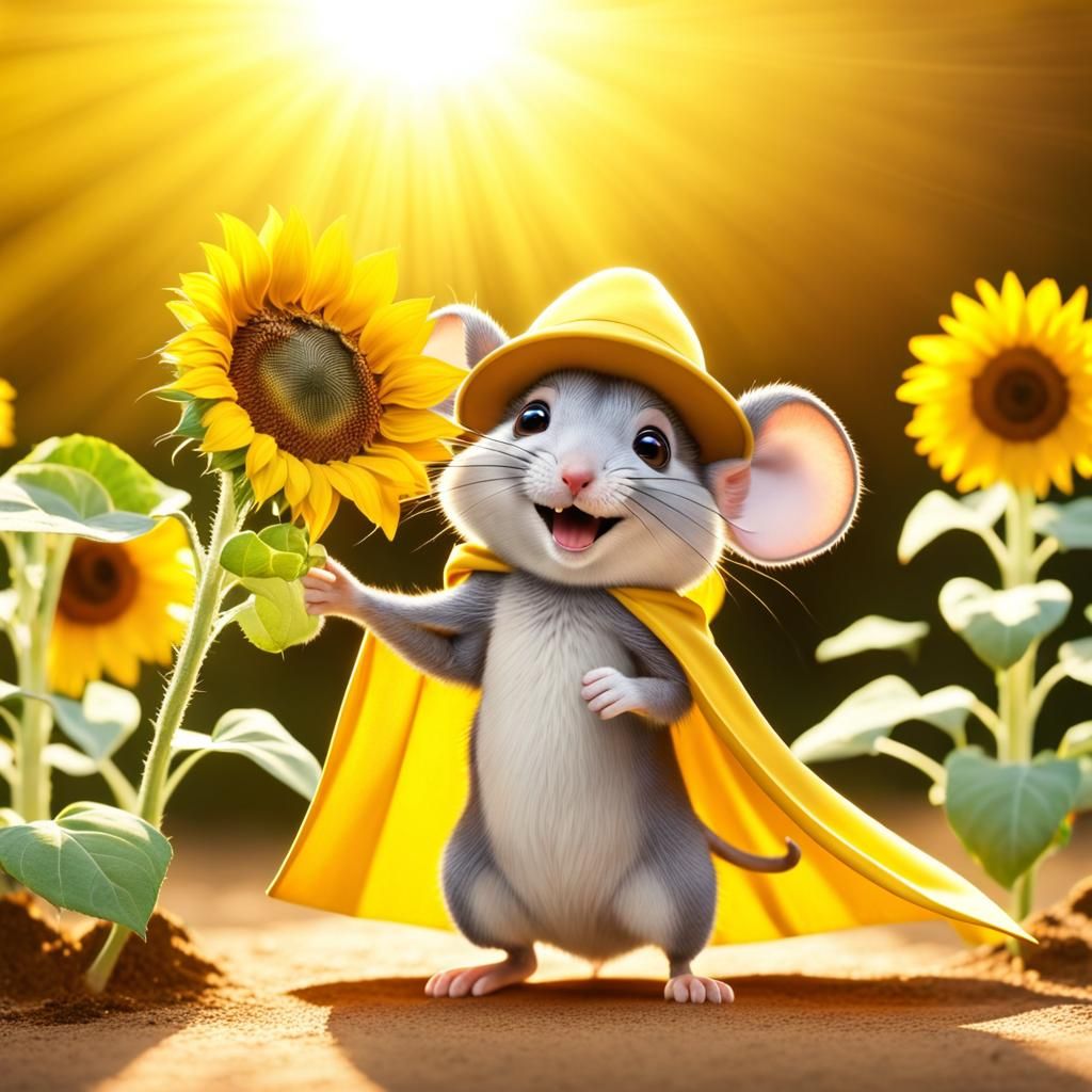 Adorable Mouse with Sunflower, Animated Style