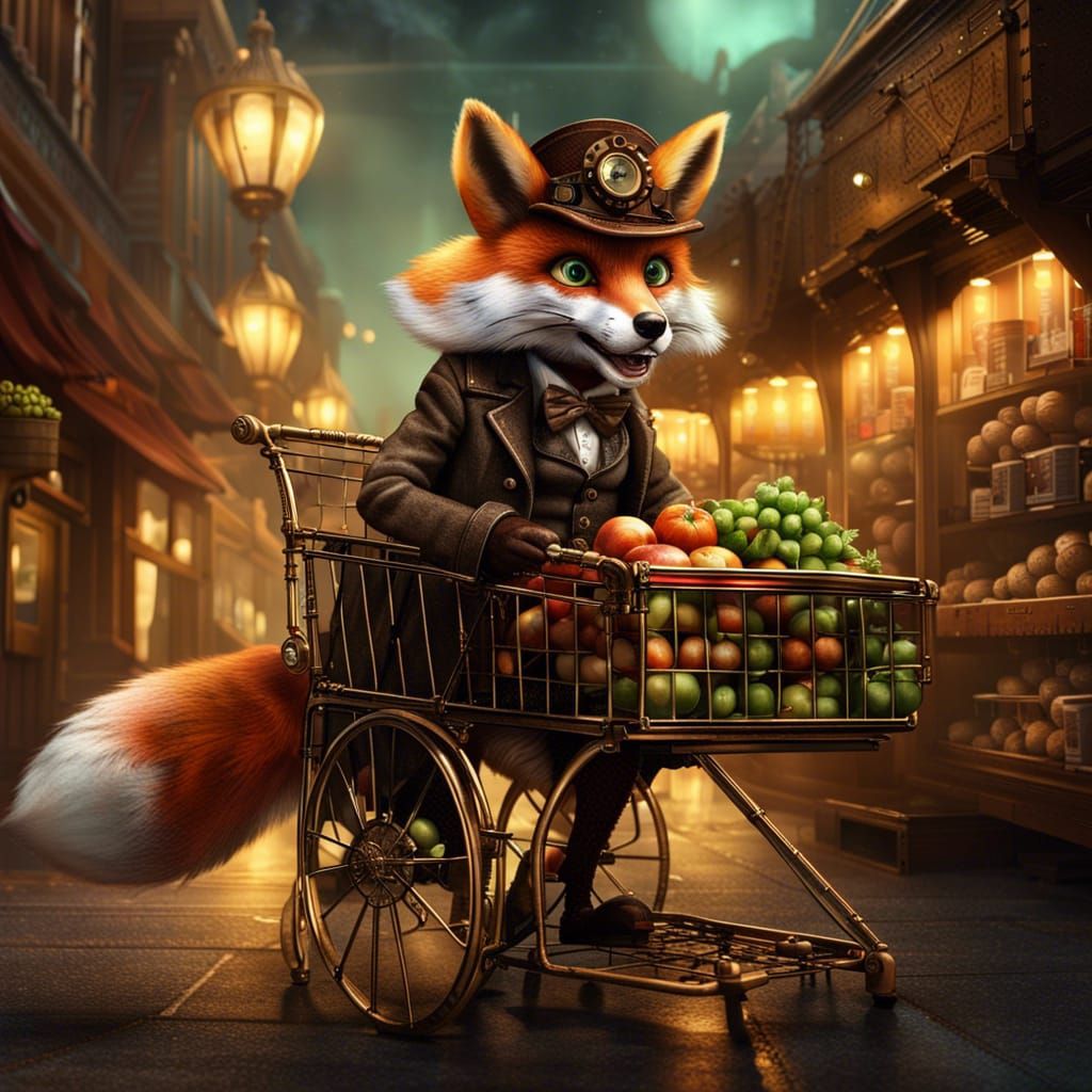 Steampunk Fox Shopping at Quaint Grocery Store