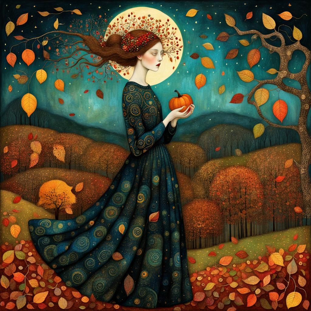 Autumnal Night Landscape in Art Nouveau Style