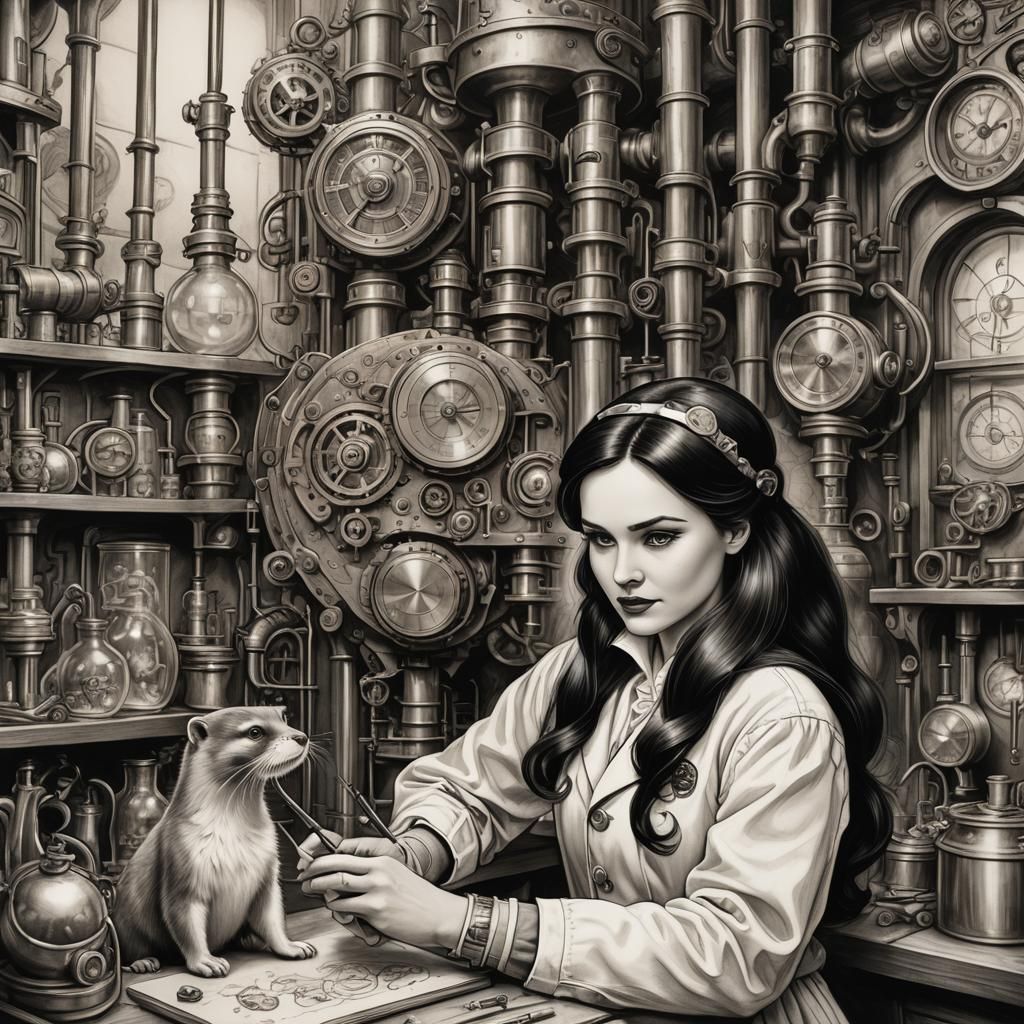 Snow White and Otter in Steampunk Alchemy Workshop