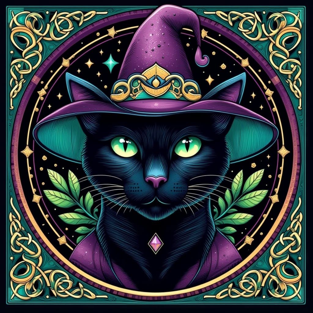 Neo-Traditional Cat with Witch Hat and Celtic Knots