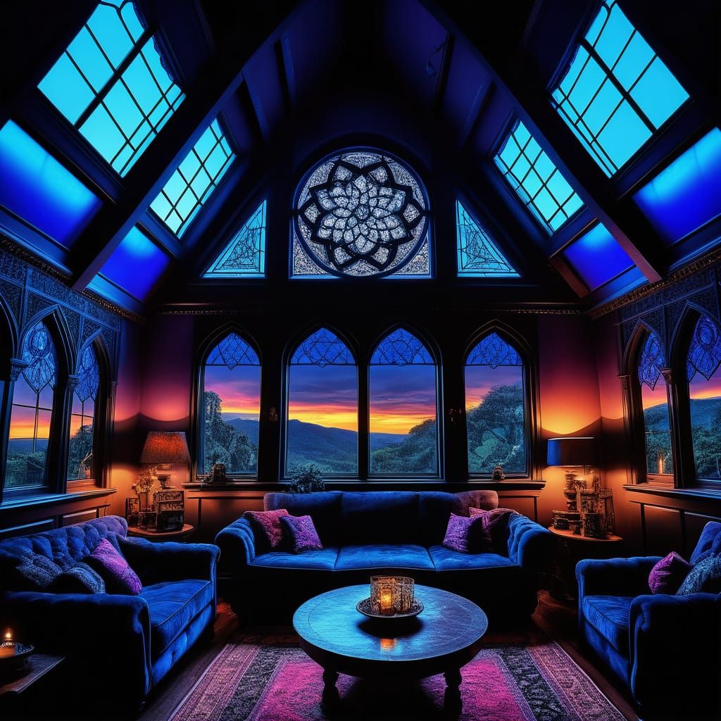 Psychedelic Black light Harry Potter themed penthouse with Cobalt blue walls& gothic black windows& cobalt blue gothic f...