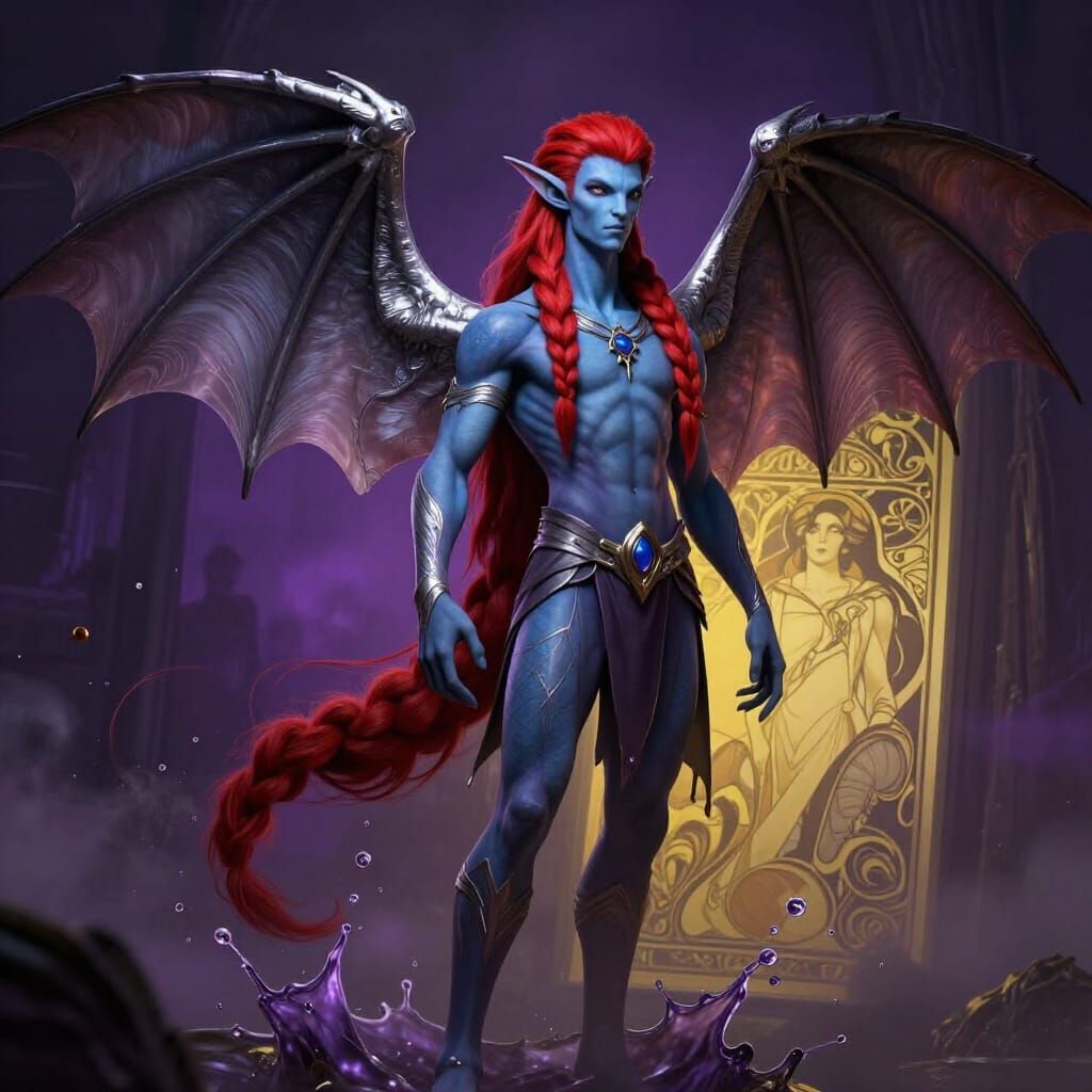 Blue Elf with Silver Bat Wings in Dark Fantasy Art