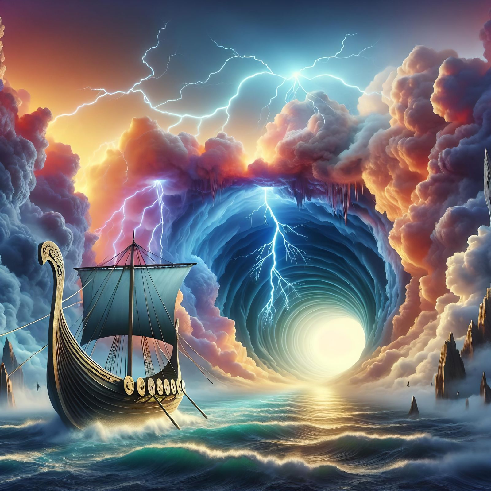 Viking Ship Sails Through Storm Cloud Tunnel