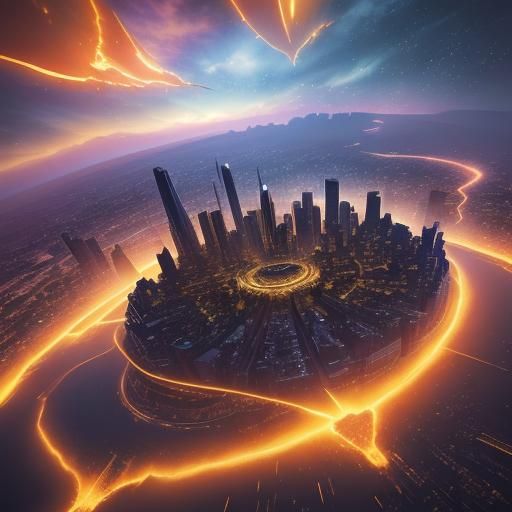 Fiery Meteors Strike City at Sunset: 3D Digital Art
