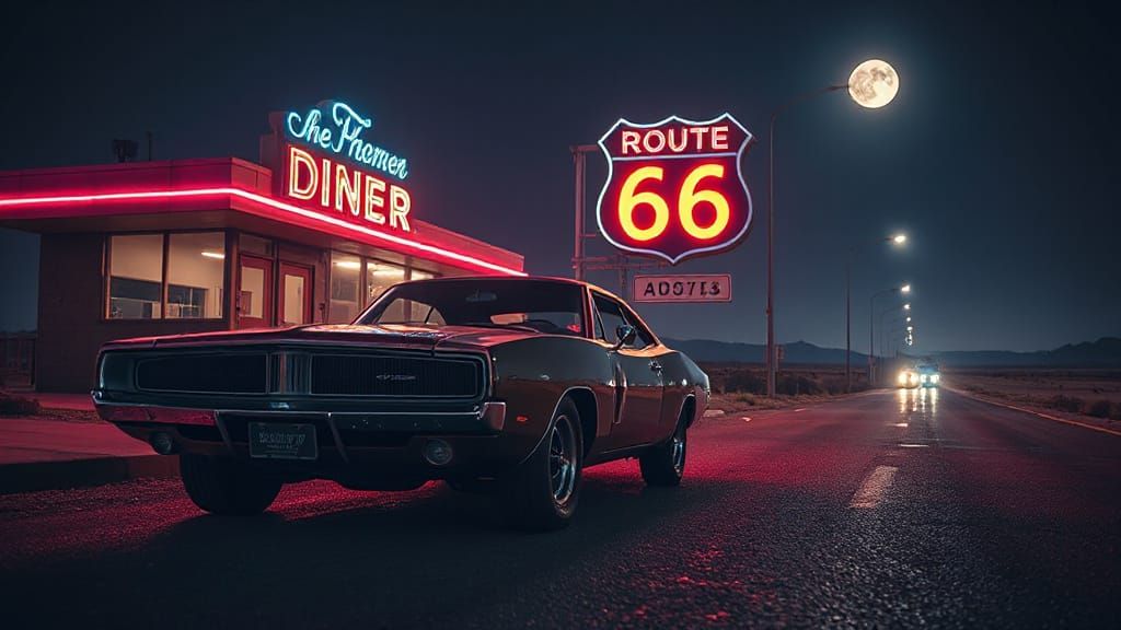 1969 Dodge Charger on Route 66 at Midnight