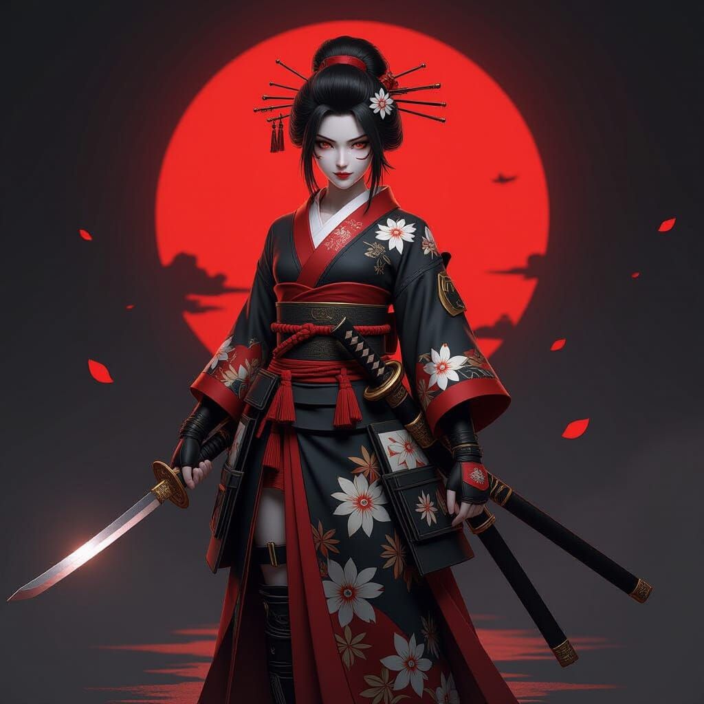 Warrior Geisha with Sword in Red and Black Background
