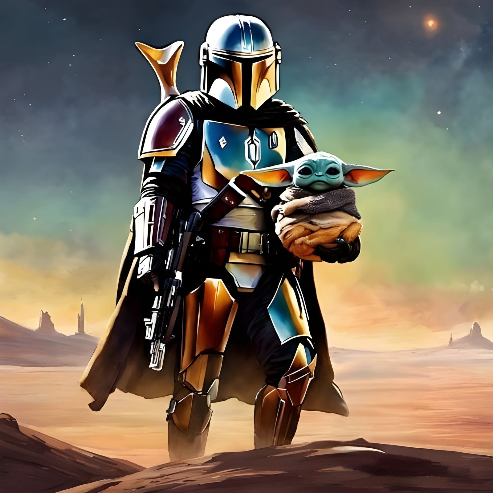 Din Djarin and Grogu: Watercolor Hyperrealism