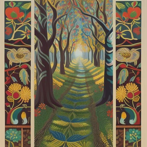 Naive Art Painting of a Beautiful Tree-Lined Avenue