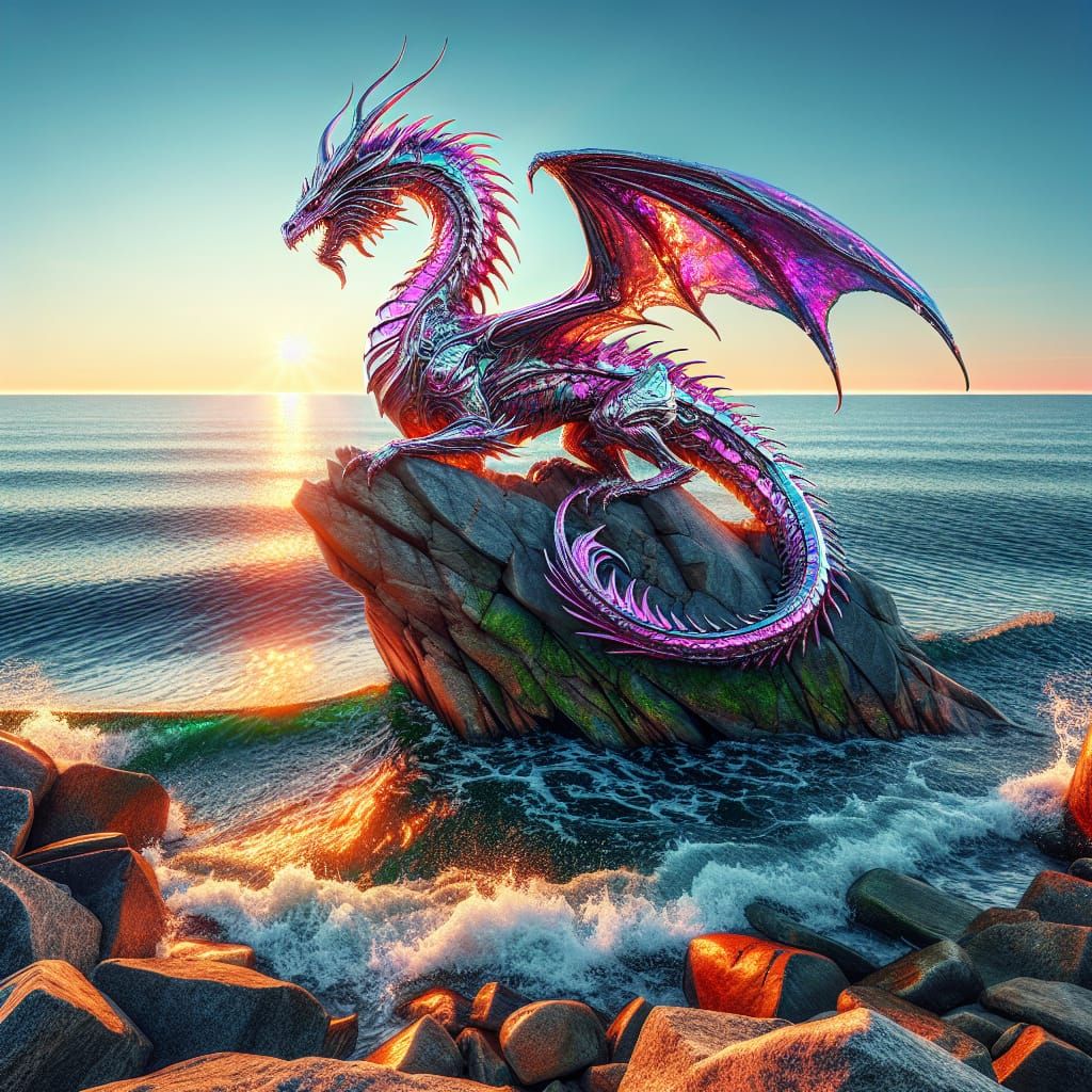 Iridescent Dragon Perched on Baltic Sea Rock