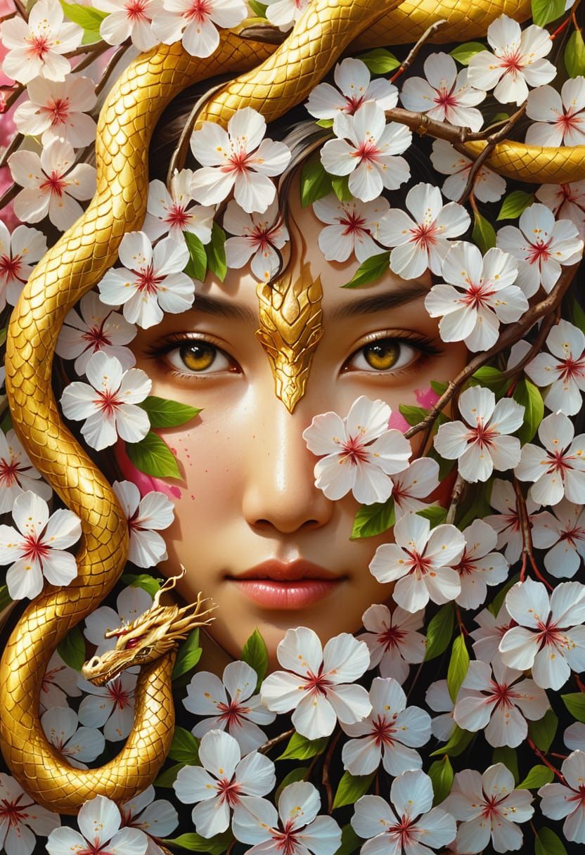 Ethereal Blossoms: A Majestic Asian Woman Amidst Cherry Bloo...