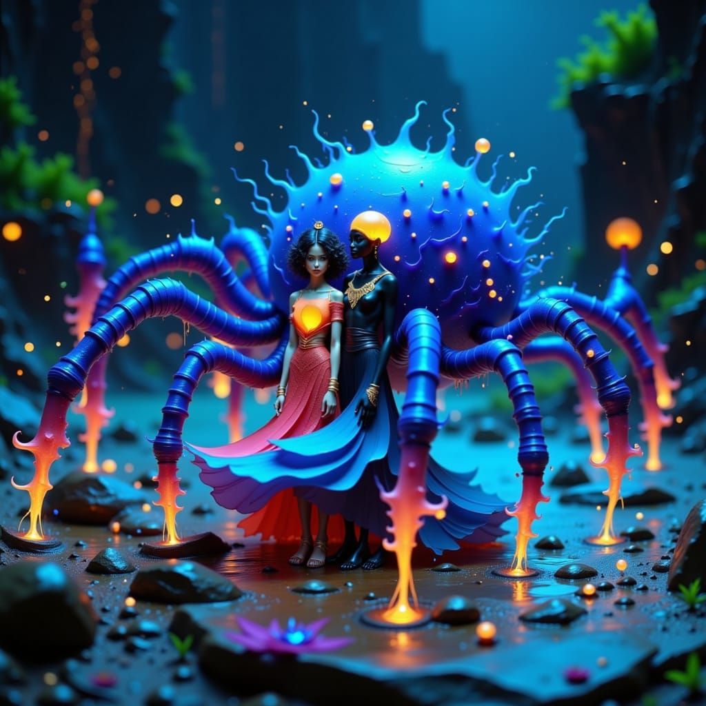 Couple Amidst Elemental Forces in Fantasy Landscape