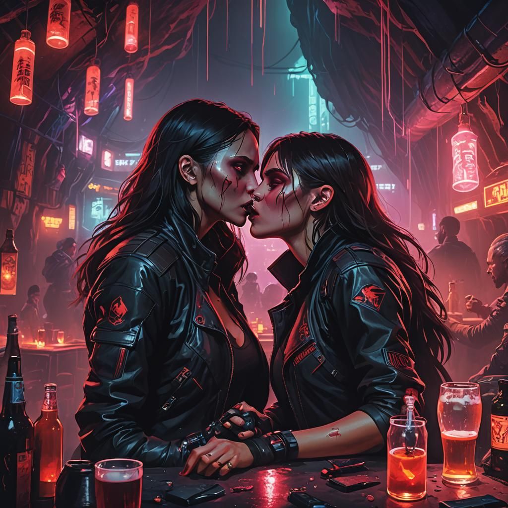Vampire Kiss in Cyberpunk Cave with Neon Lights