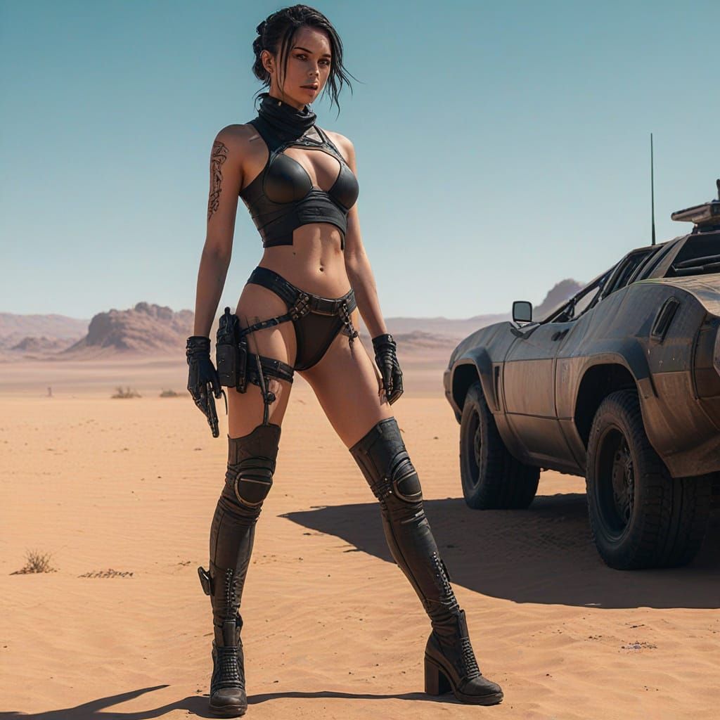 Cyberpunk Lady in Desert Landscape with Space Station