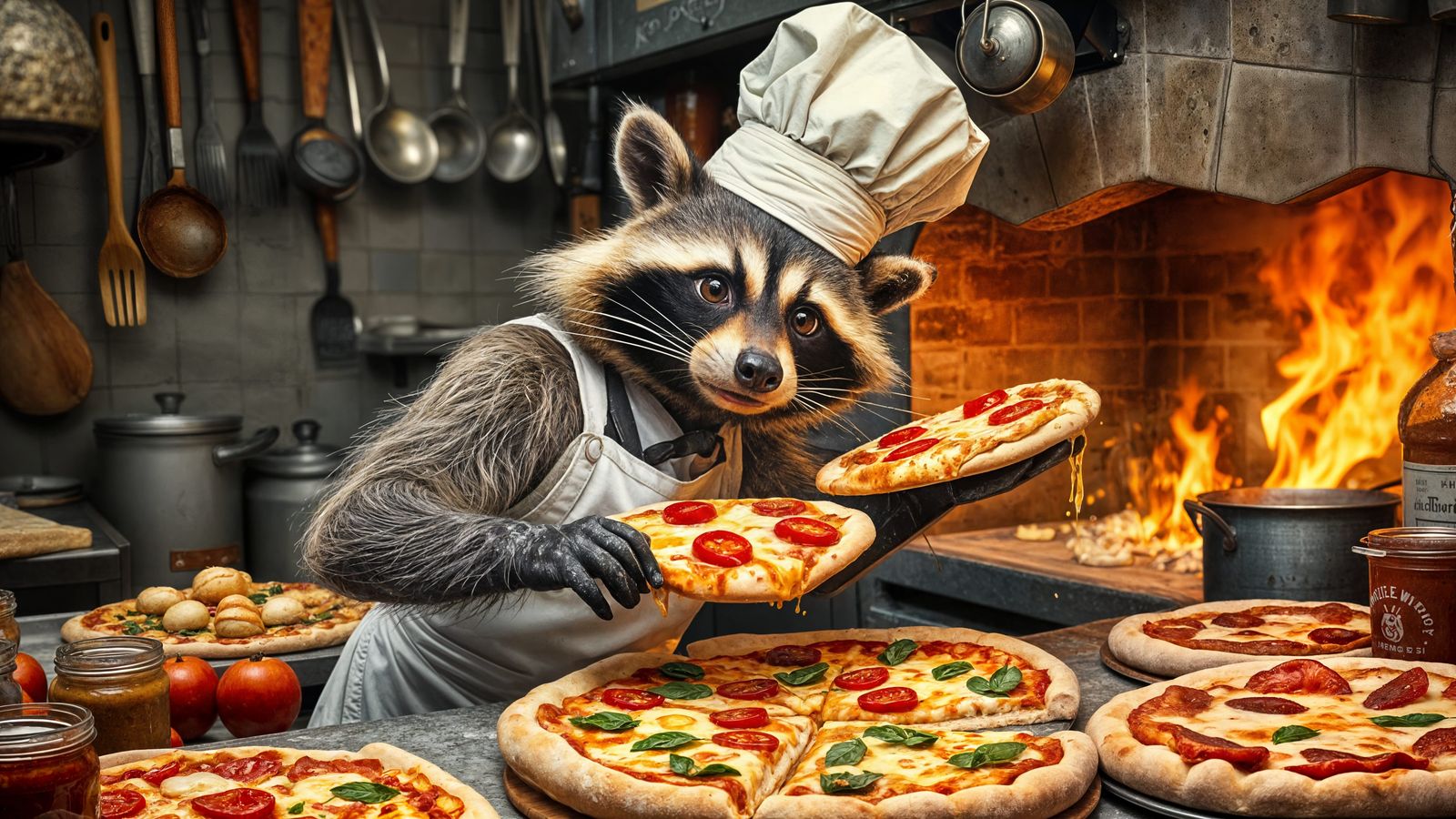 Stressed Raccoon Pizza Baker in Chaotic Kitchen