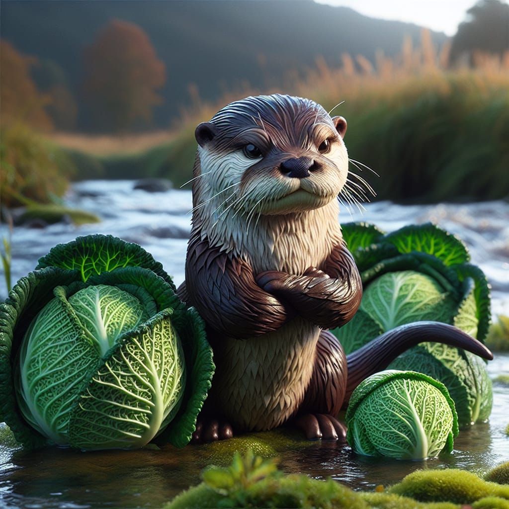 Annoyed Otter Glaring at Cabbages on Riverbank