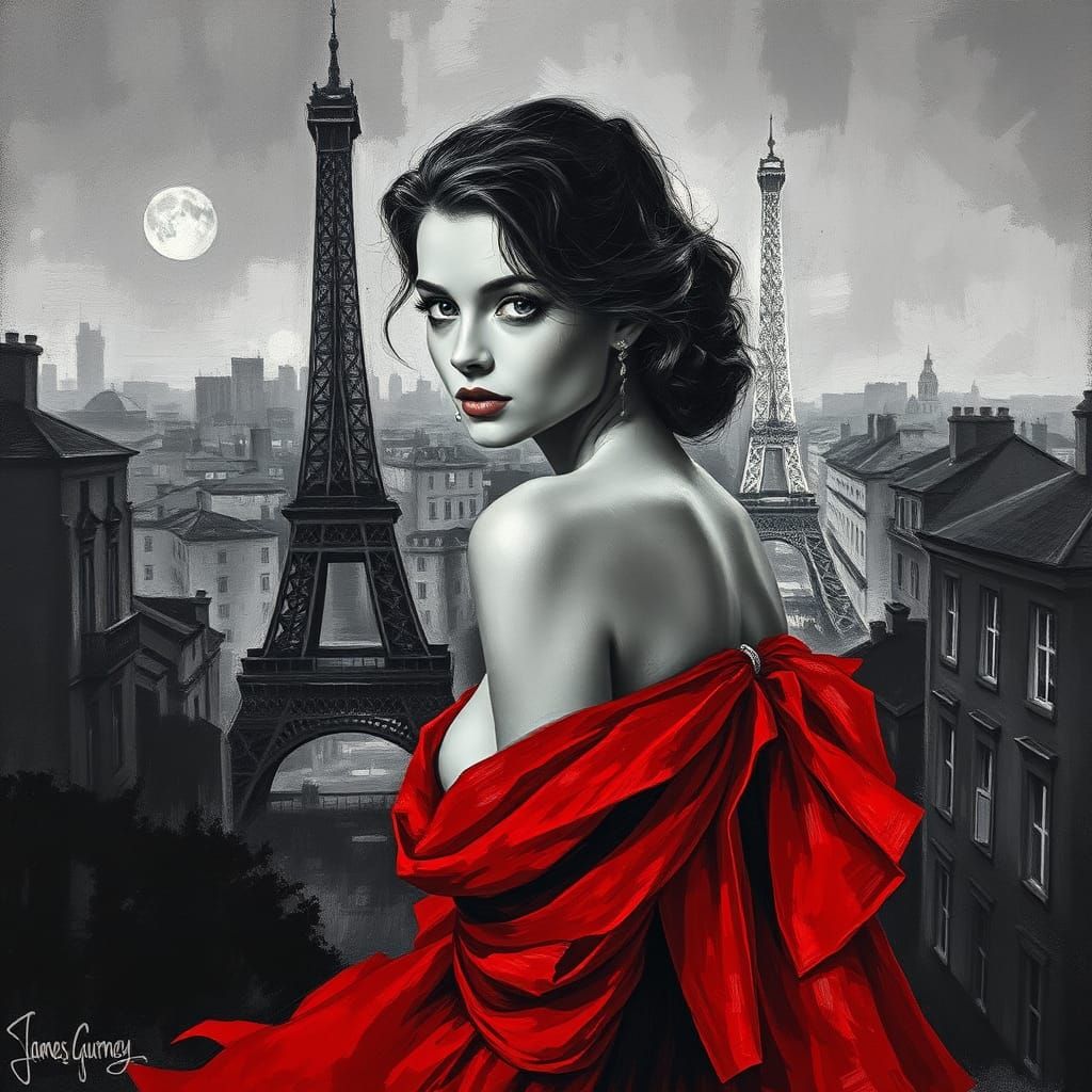 Woman in a red dress, , city ​​of Paris , adorning the background in black and white tones, ultra-thin and dramatic ligh...