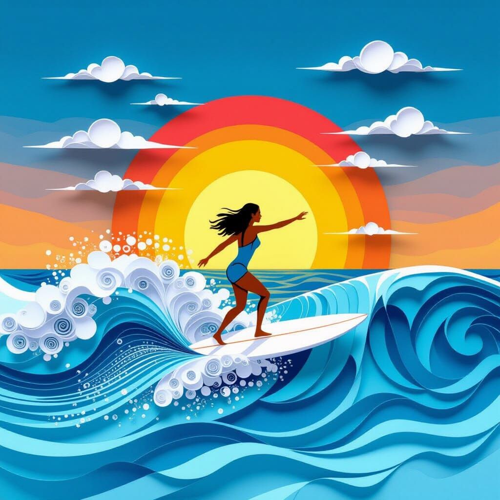 Surfer Girl in Paper Quilling Style at Sunset