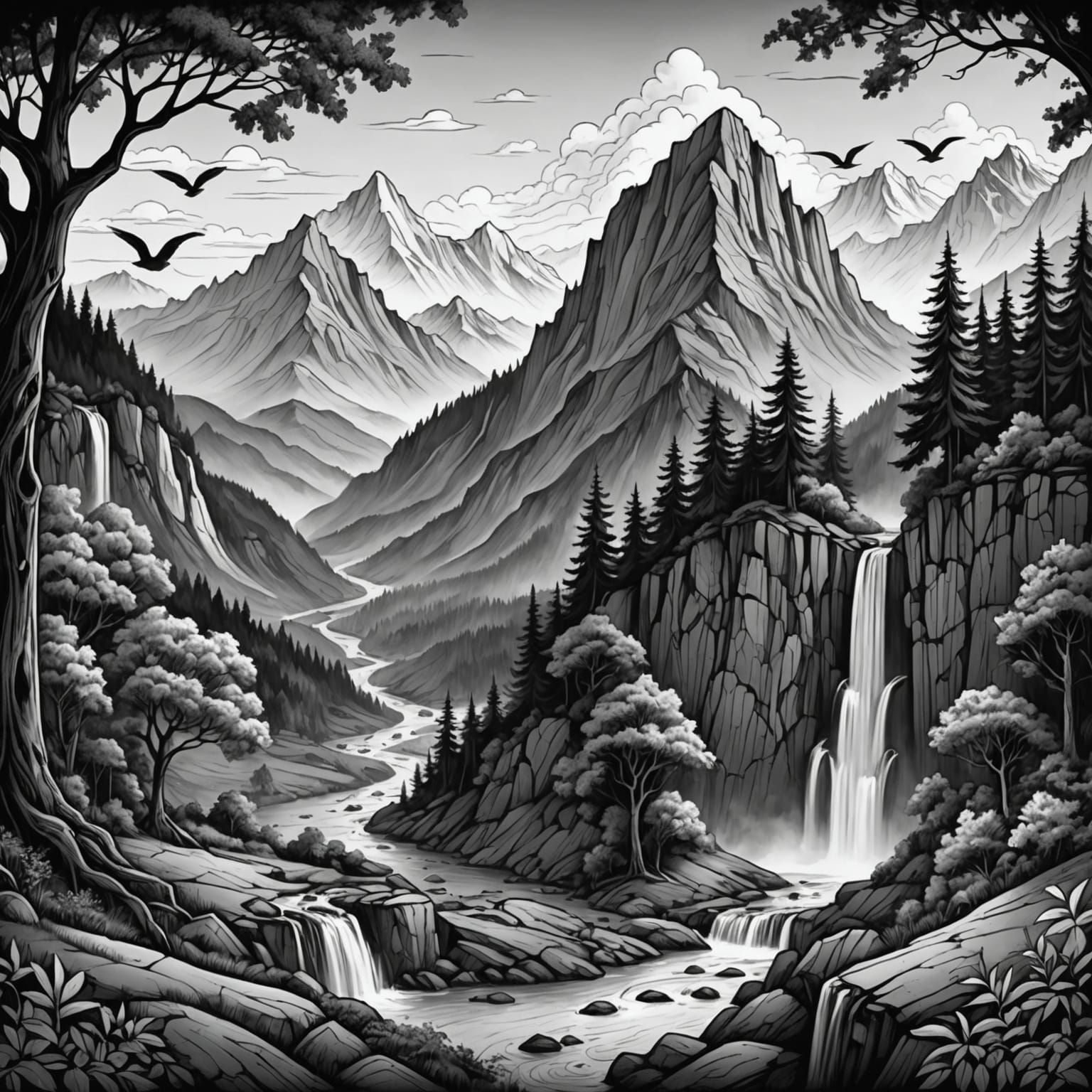 Black and White Doodle Art Fantasy Landscape