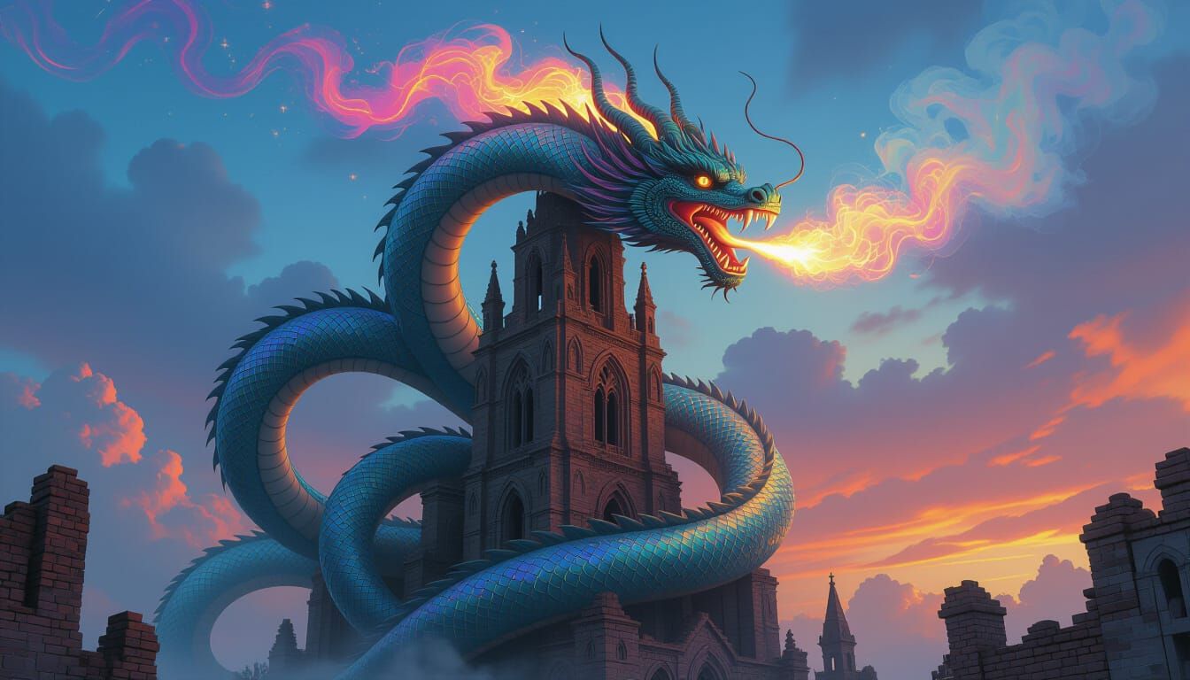 Mystical Dragon Shesha Coiled Around Gothic Tower