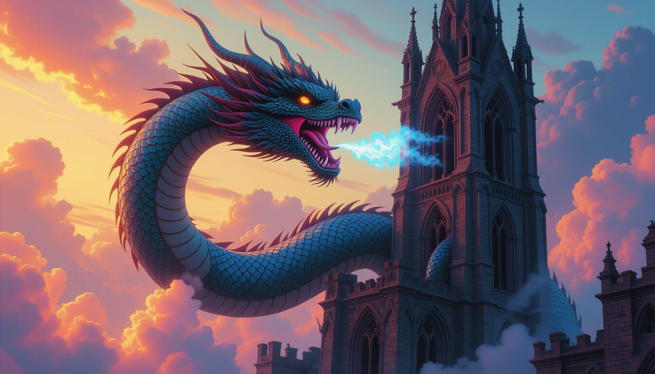 Mystical Dragon Shesha Coiled Around Gothic Tower