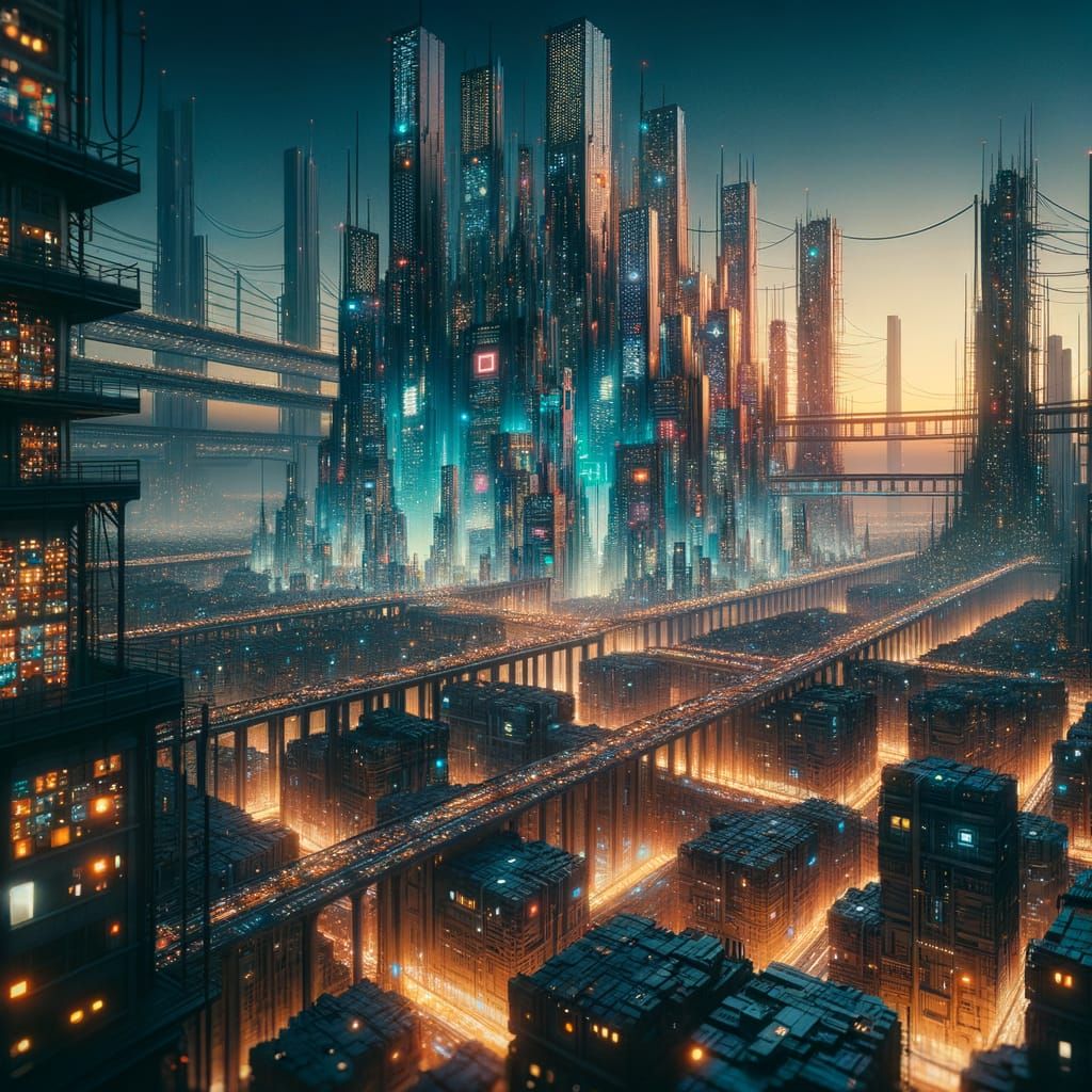 Twilight Cityscape with Lanterns and Neon Signs