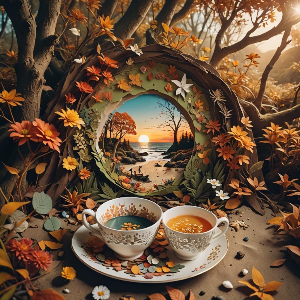 Magical Teacup: Autumn Beach Paper Collage