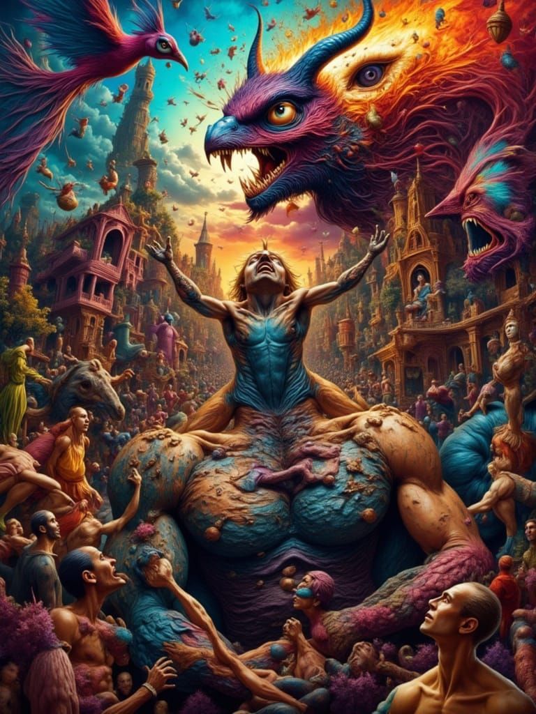 Mutated Man with Peacock Features and Fractal Face