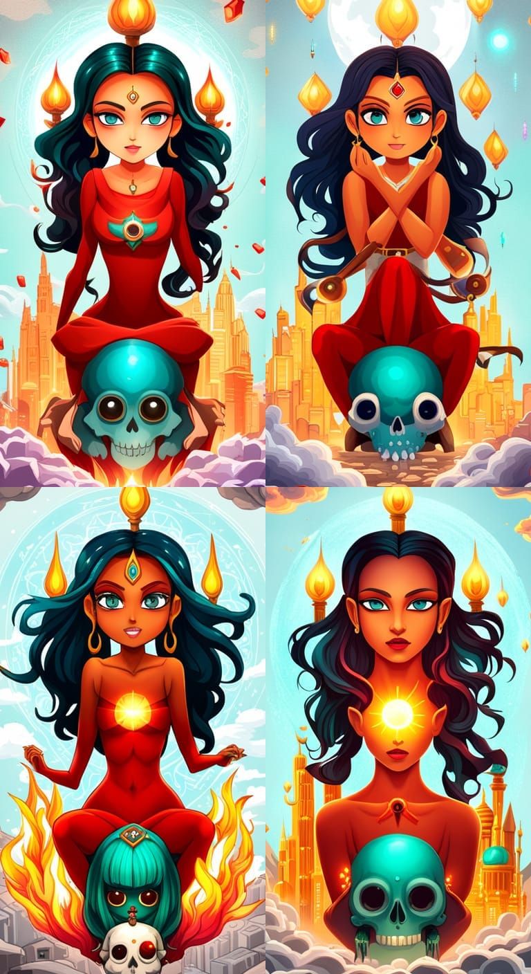 Crimson Anime Hindu Goddess with Skulls