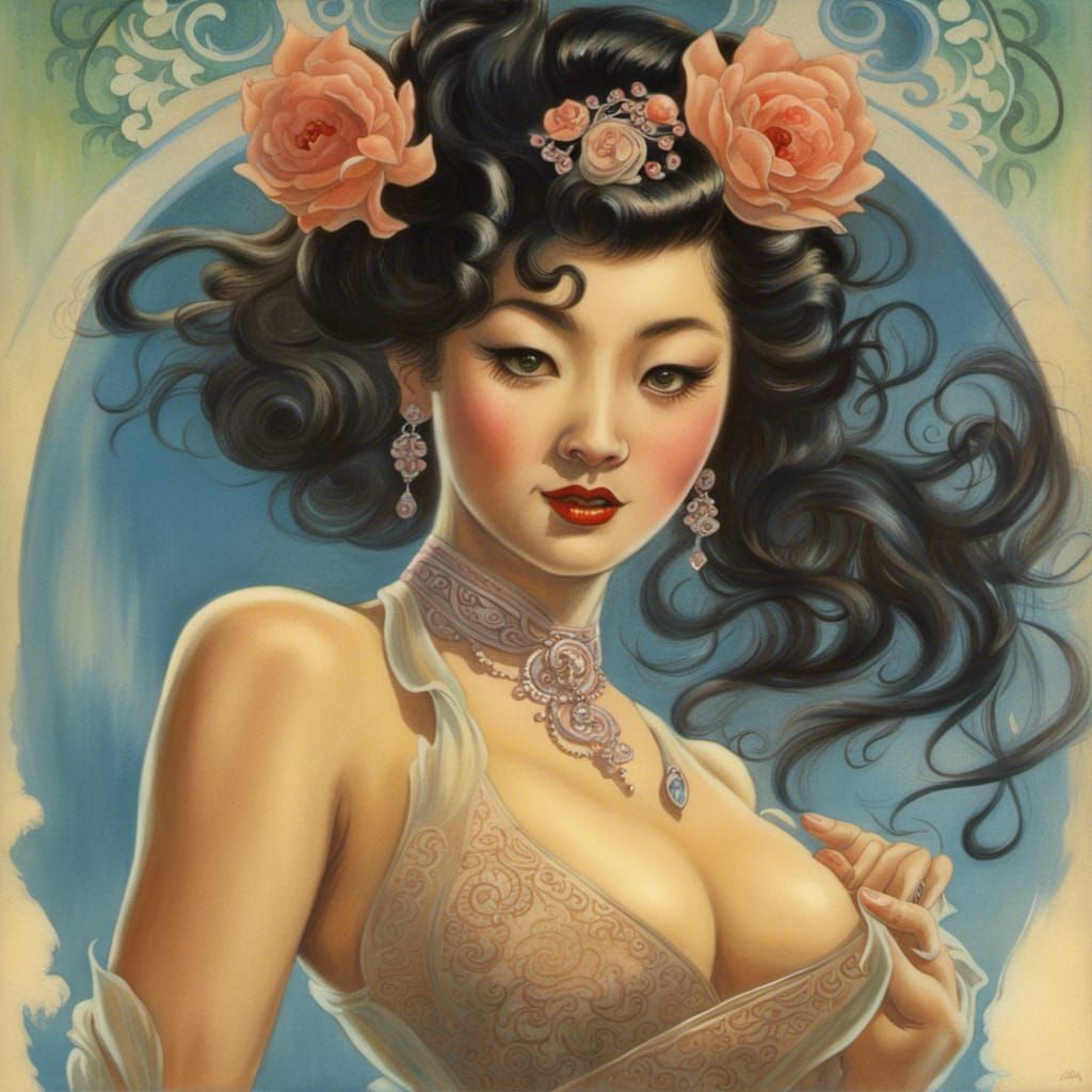 Edwardian Asian Woman Pin-Up in Matte Painting Style