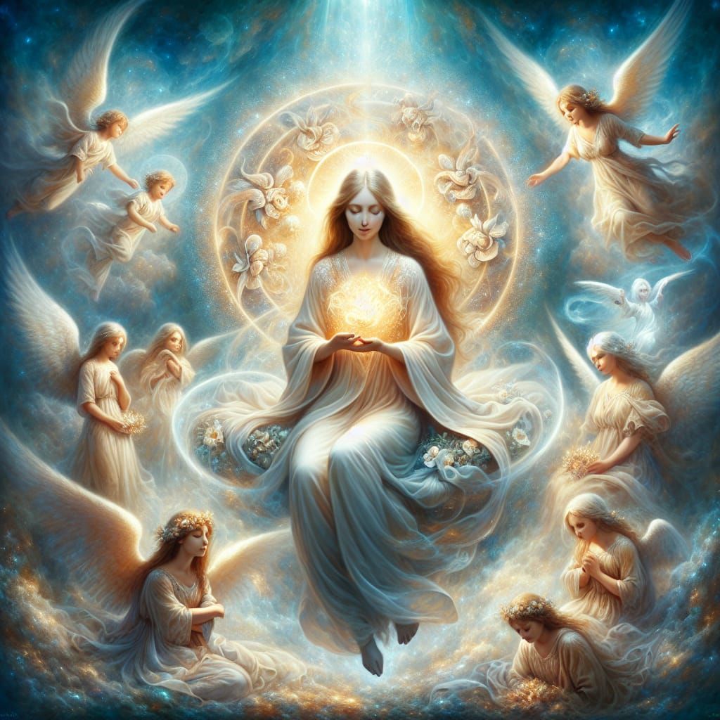 Angelic Woman with Luminous Orb in Divine Realm