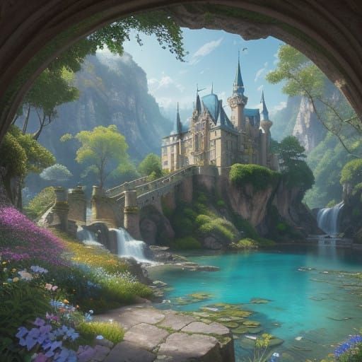 Enchanted Castle Ruin in Vibrant Pointillism