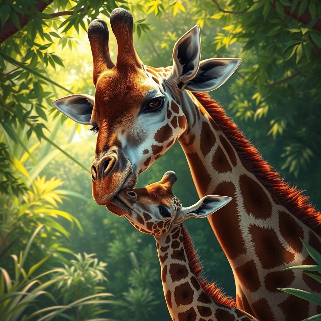 Mother Giraffe Nuzzles Baby in Lush Jungle Clearing in Photo...