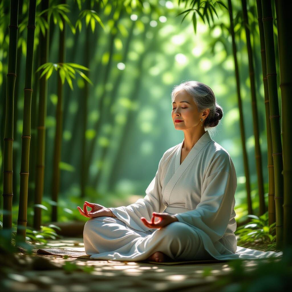 Elderly Woman Meditating in Bamboo Forest, Hyperrealistic De...