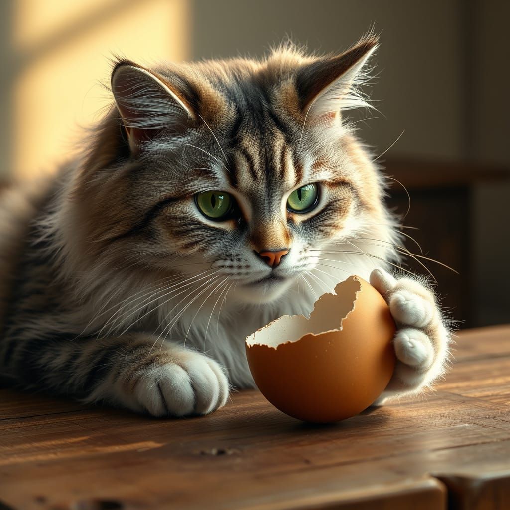 Majestic Fluffy Cat Cracks Open Delicate Egg in Warm Morning...