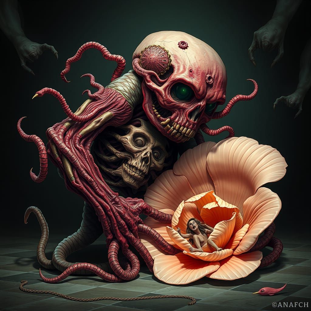 Grotesque Hybrid Creature in a Nightmarish Abyssal Void