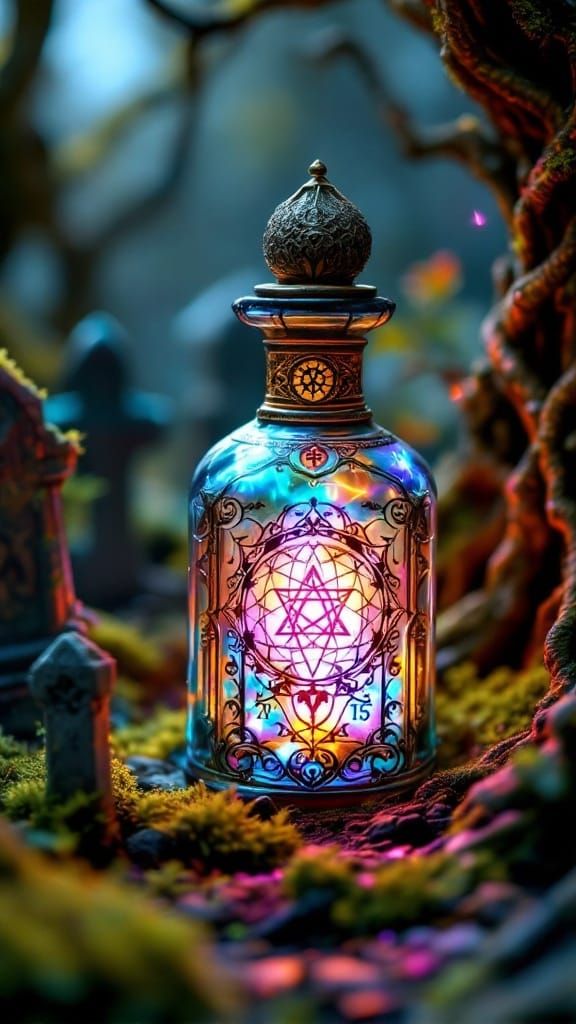 Ethereal Wizard Bottle Glows in a Gothic Graveyard Scene